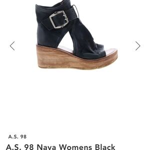 A.S.98 Black Leather Platform Wedge Sandal with Wood-Look Heel 39